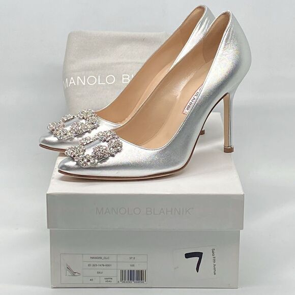 Manolo Blahnik Hangisi 105MM Crystal Buckle Leather Pumps size 37.5 - Picture 14 of 16